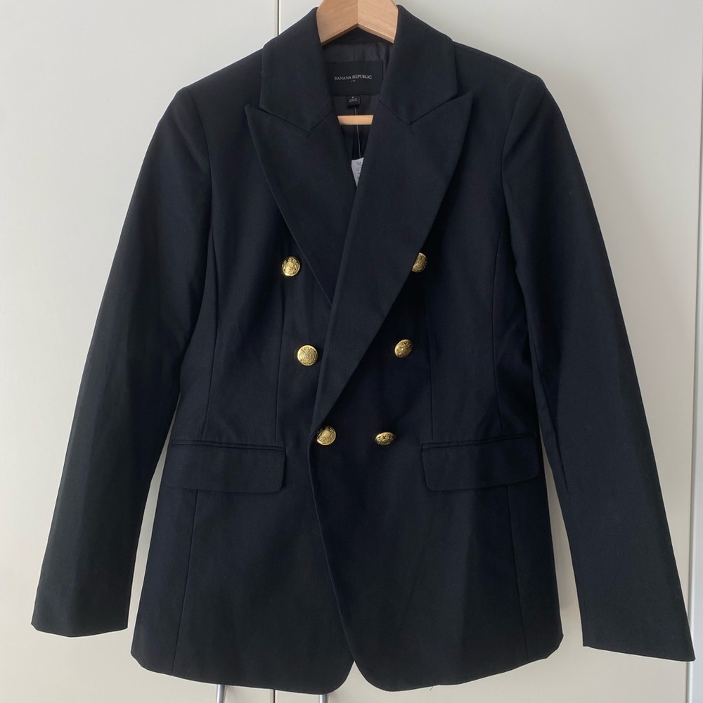 NWT Banana Republic Double Breasted Black Cotton Blazer Size 6